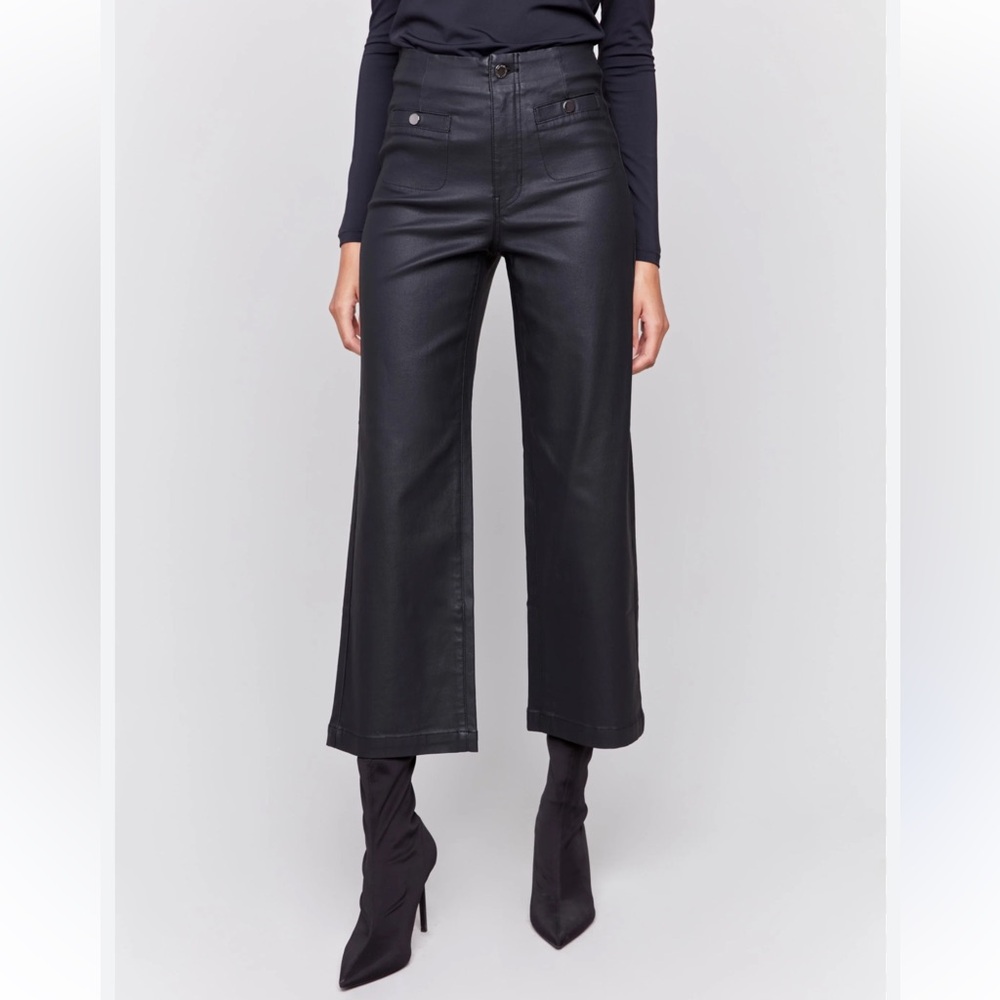 Black wide leg faux leather pants by Charlie B